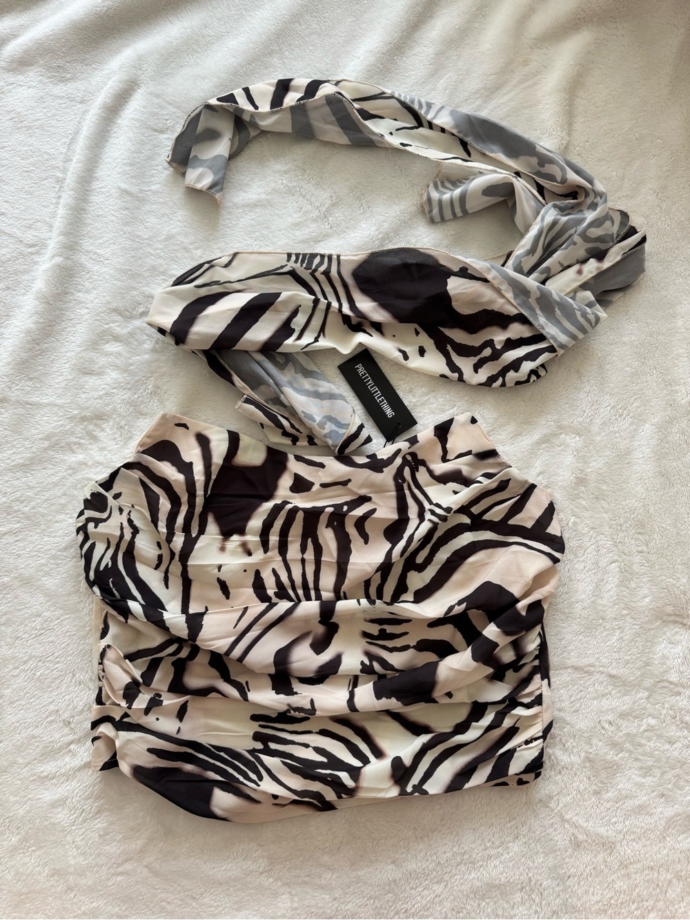 PrettyLittleThing Black & Cream Zebra Neck Scarf Detail Top
